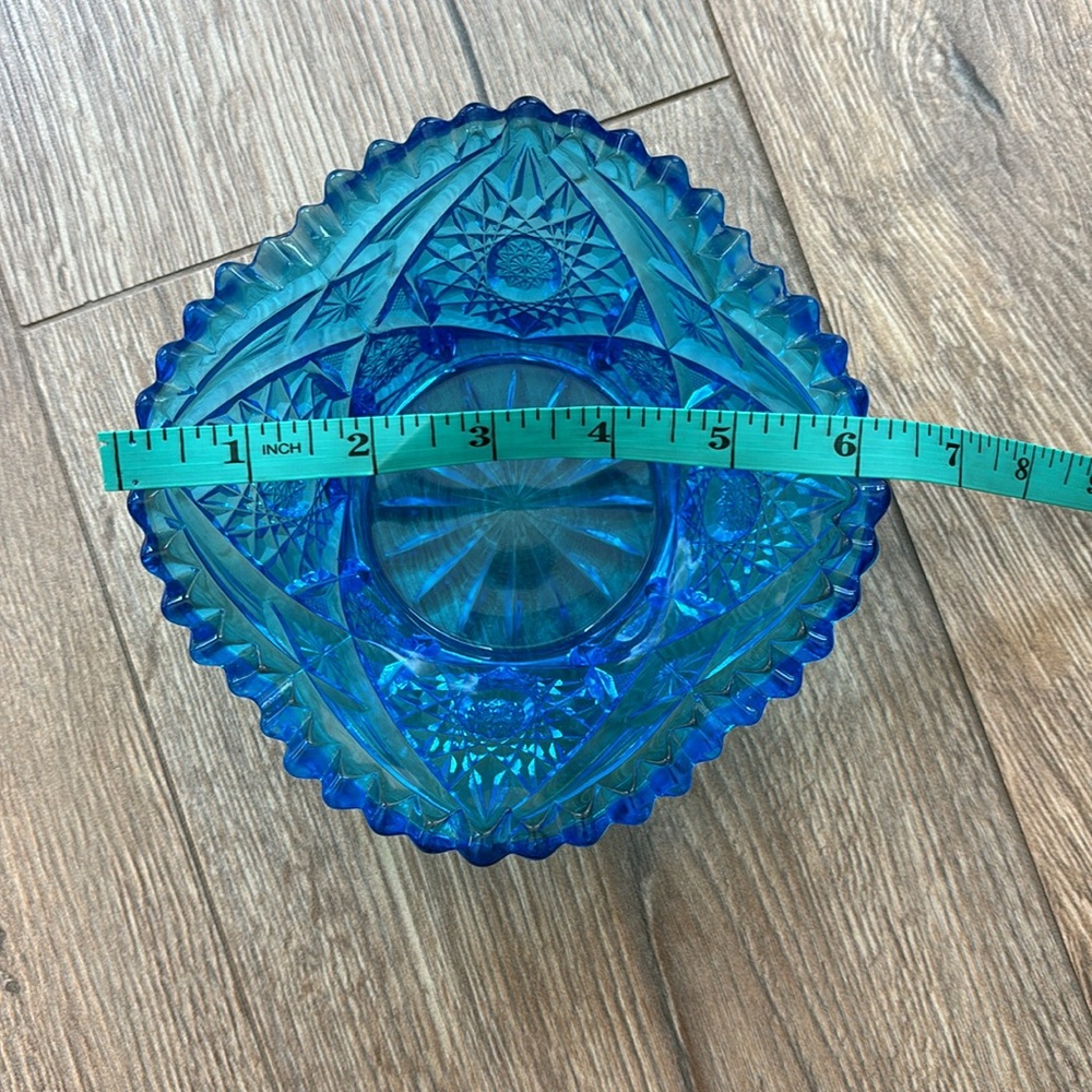 Vintage Fayette Glass Pressed Turquoise Saw Tooth Starburst Candy Dish - Picture 8 of 9